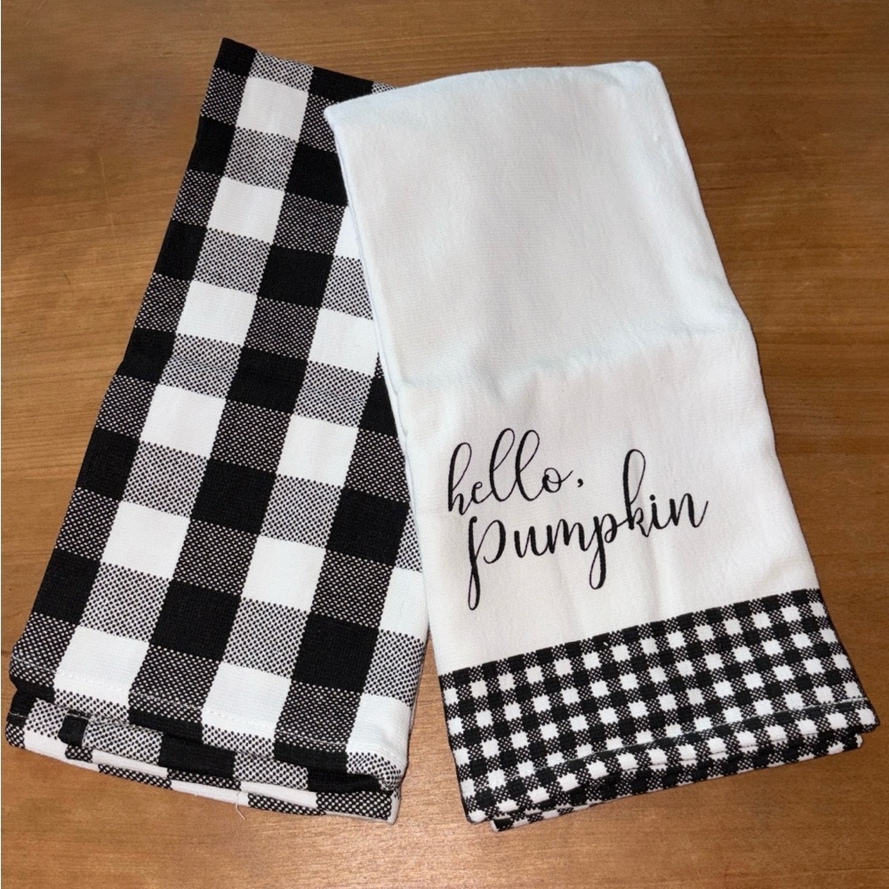 Elrene farmhouse 2 pack kitchen towels black white check hello pumpkin cotton